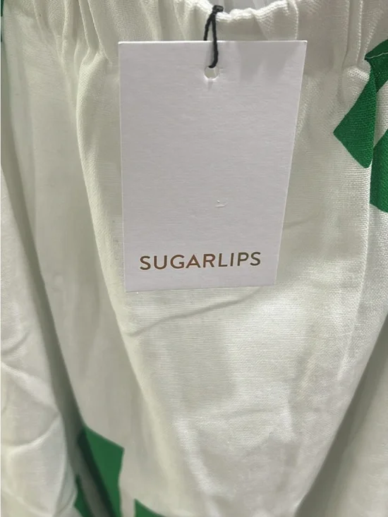 Sugarlips White Dress with Green Graphic Accents with Pockets - Picture 2 of 3